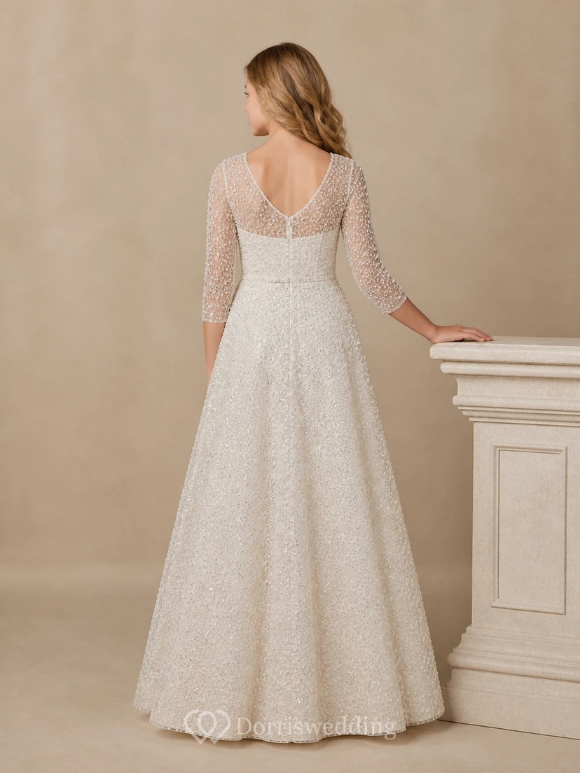 Vestido de dama de honor juvenil modesto, largo hasta el suelo, corte A, escote redondo, lentejuelas, manga tres cuartos view 2