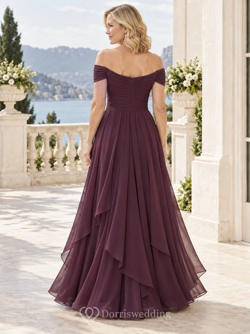 Plum Formal Off-the-Shoulder Ruched Chiffon Cascading-Ruffle Floor-Length A-Line Evening Gown view 2