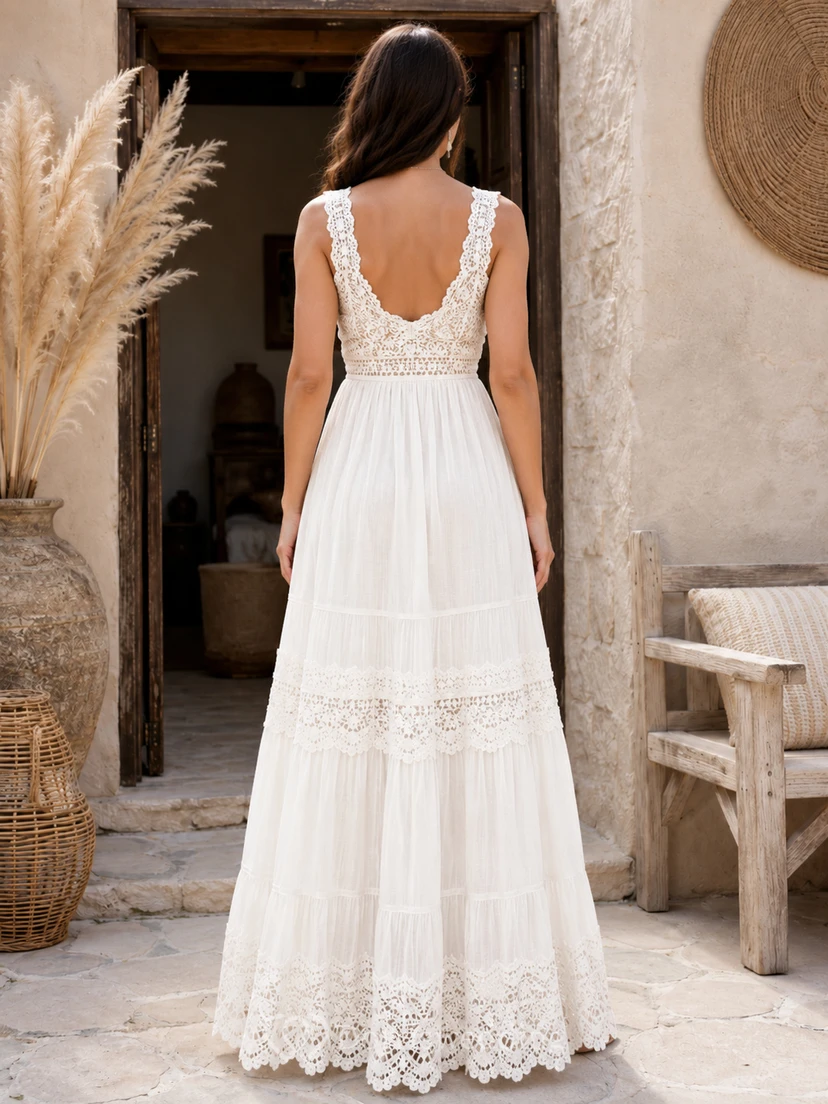 Bohemian White Cotton Lace Ibizaco A-Line Floorly V neck Strap Dress view 2