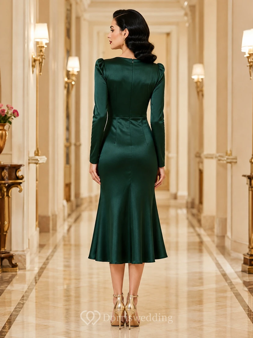 Vintage Dark-Green Cowl-Neck Long-Sleeve Ruched Satin Mermaid Tea-Length Evening Dress view 2