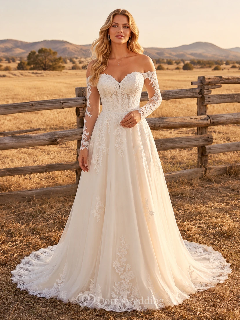 Robe de mariée champêtre en dentelle, coupe trapèze, épaules dénudées, traîne, dos nu en V