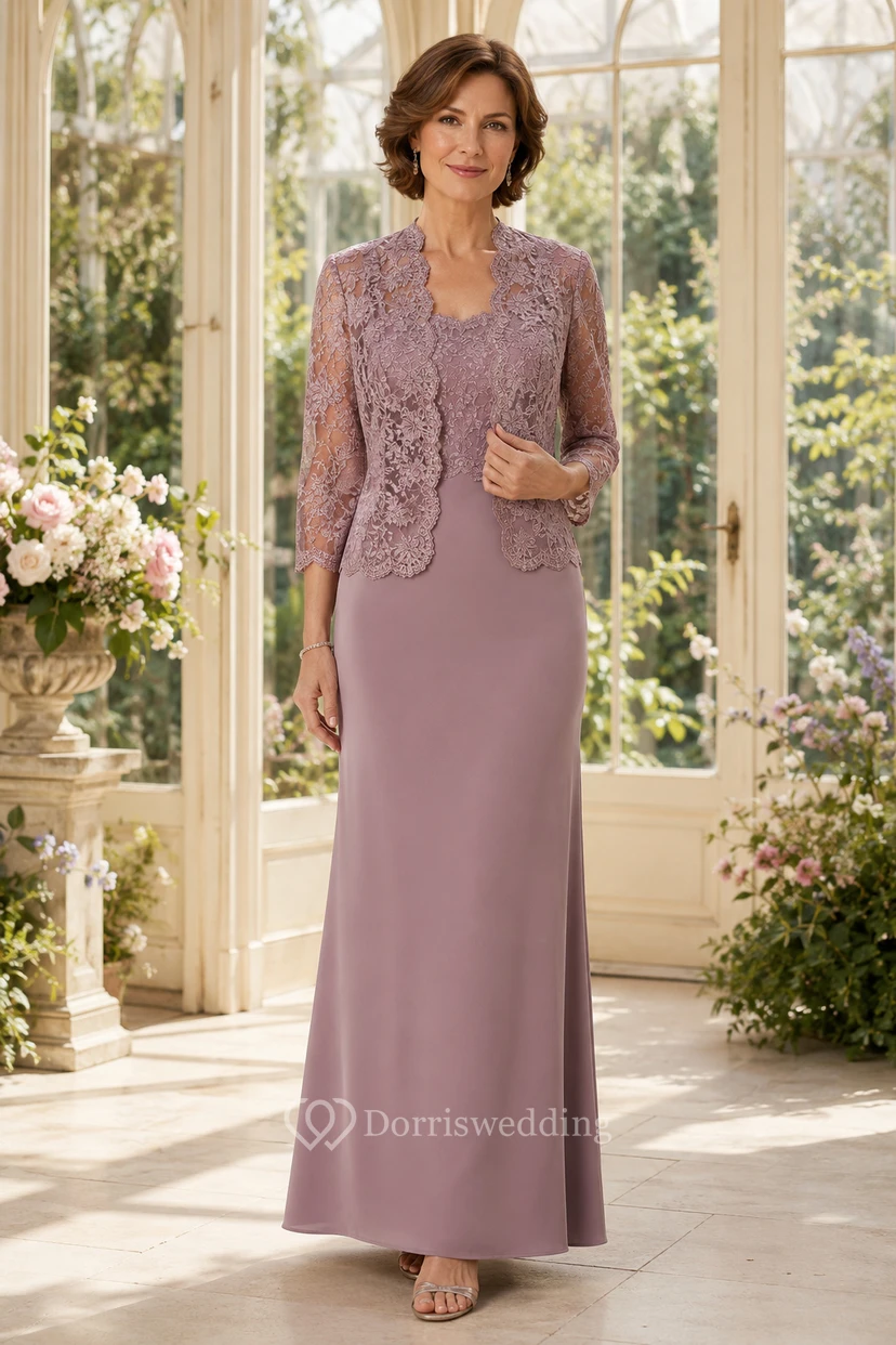 Robe longue mauve pour la mère, avec veste en dentelle