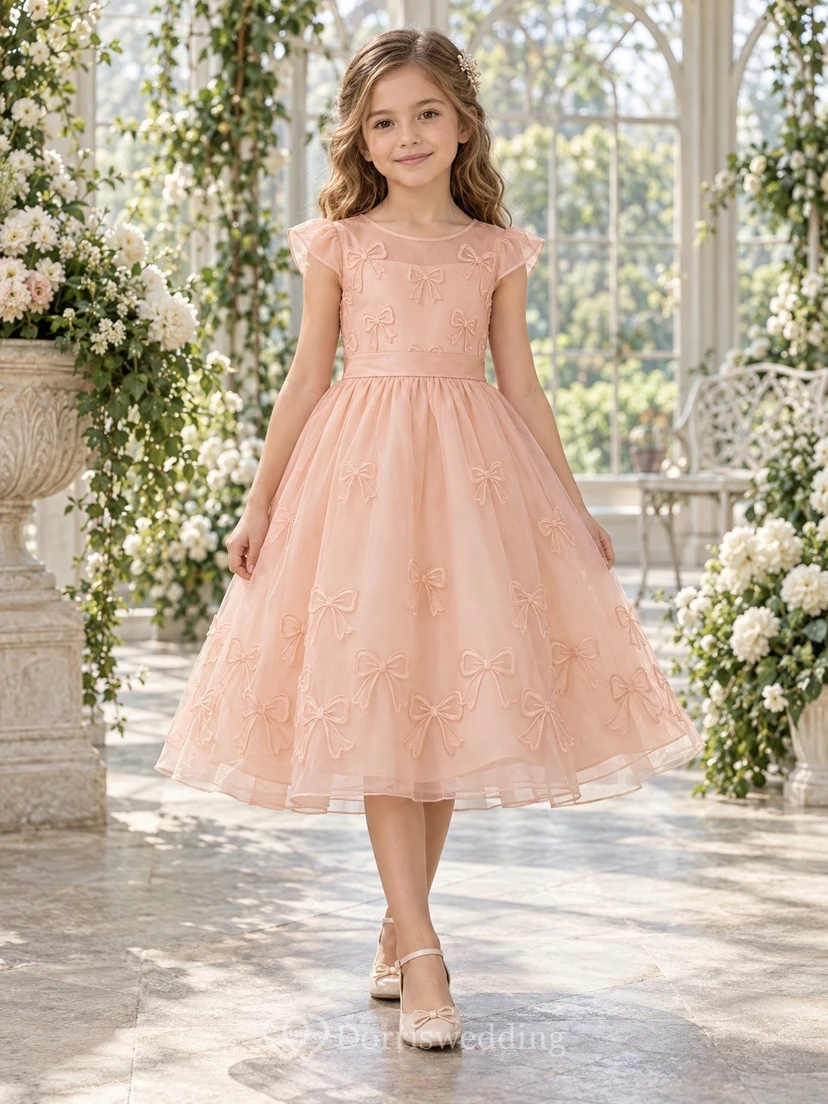Tea-length Peach Bateau Cap Sleeve Bow Embroidered Organza Flower Girl Dress