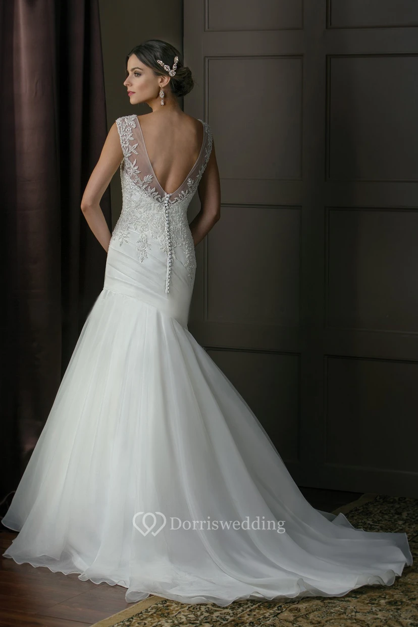 Cap-Sleeved Mermaid Gown With Beadings And Deep V-Back view 2