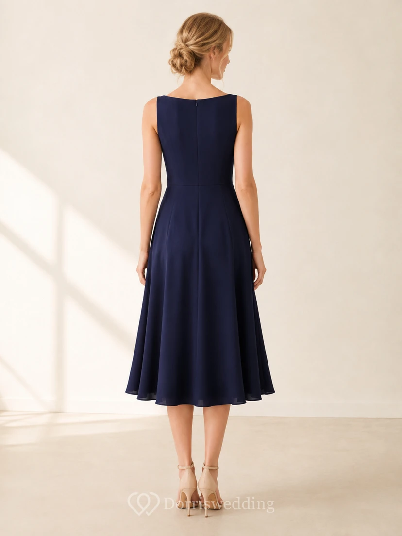 Robe de confirmation bleu marine simple, sans manches, coupe bateau, en mousseline de soie, longueur thé, coupe trapèze, style A, longueur thé view 2