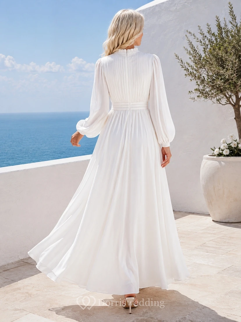 White High Neck Long Sleeve Bell-Cuff Chiffon Beach Dress view 2