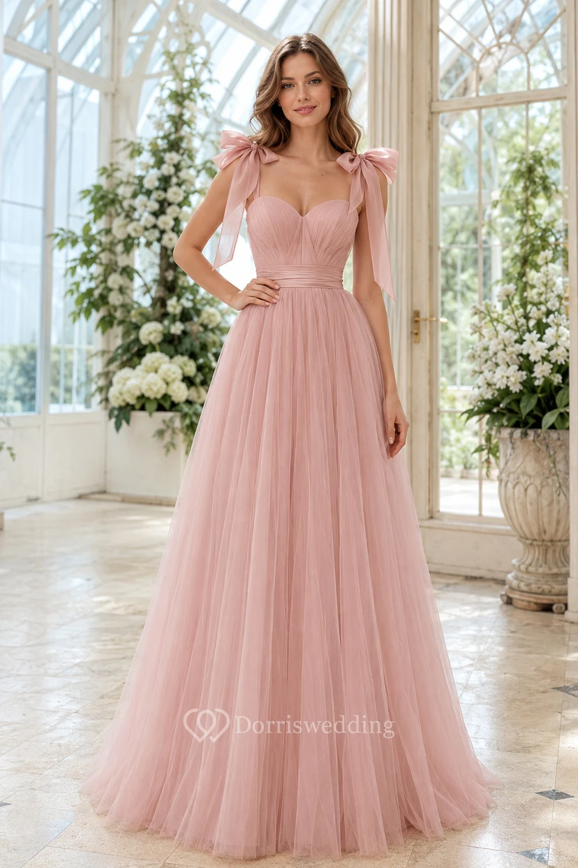 Plus Size Blushing Pink Strapless Tulle A-Line Prom Dress with Bow Shoulder Ties