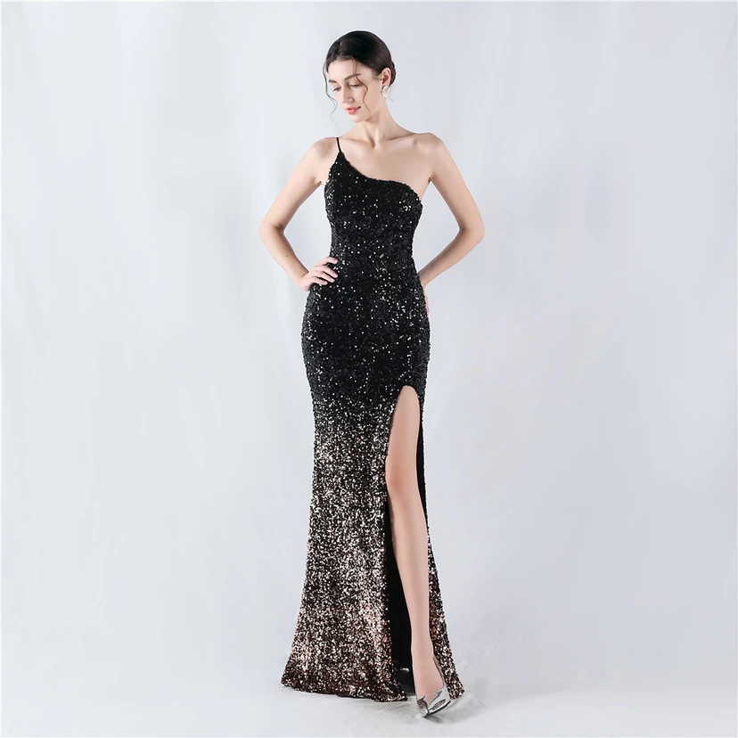 Sexy Abendkleid mit Samtsaum, Farbverlauf, Pailletten, hohem Schlitz und schräger Schulterpartie view 62
