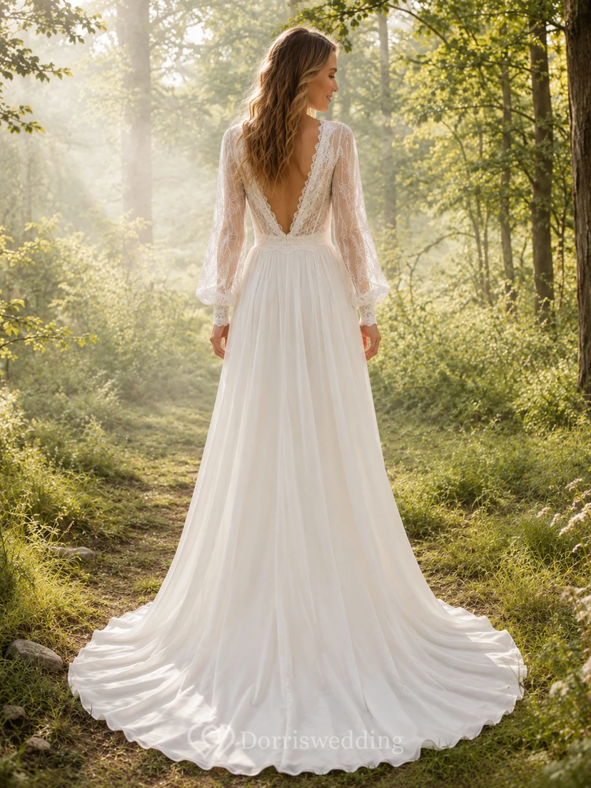 Boho-Brautkleid mit langen Ärmeln aus Spitze und Chiffon im Waldstil view 2