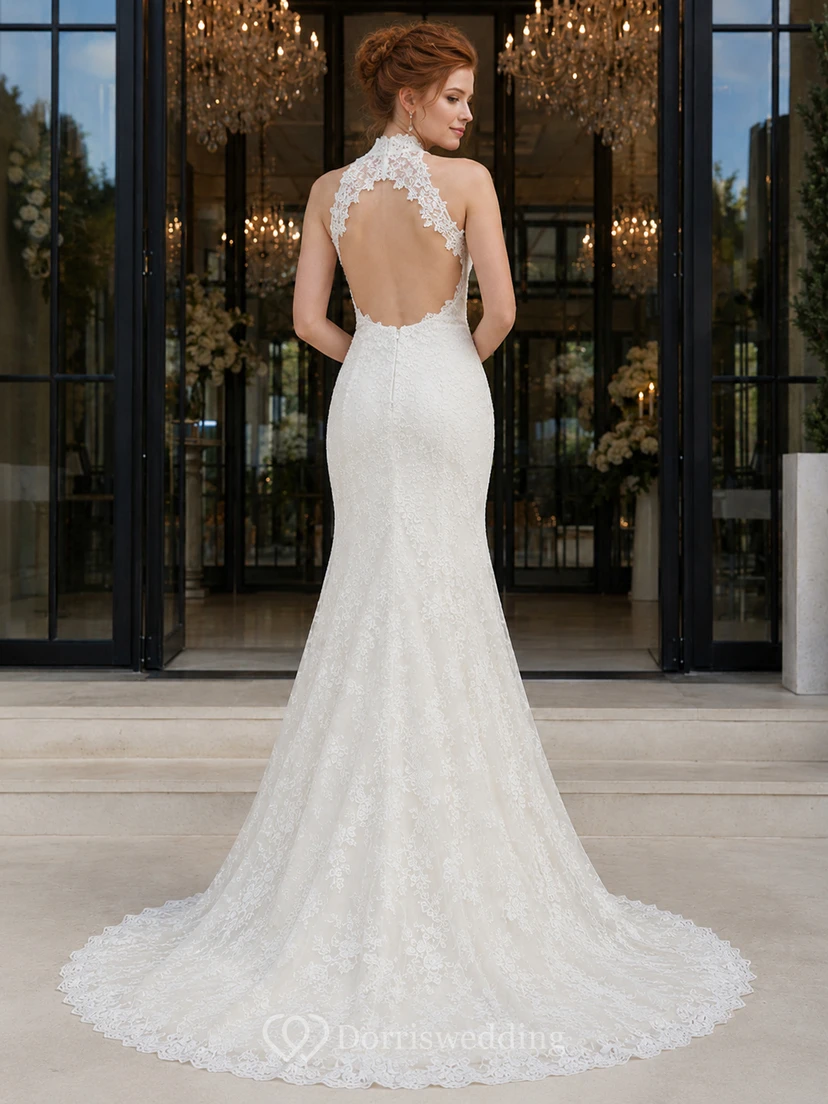 Vestido de novia de sirena con cuello alto, encaje y espalda descubierta view 2