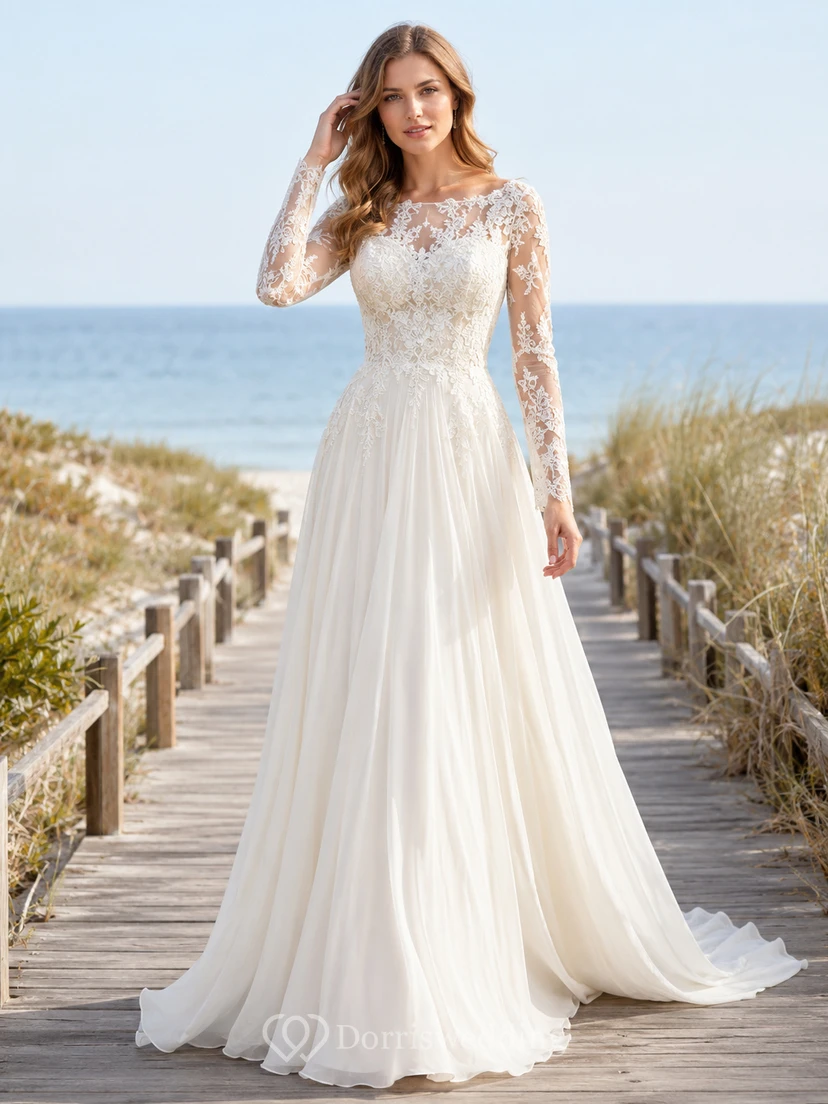 Robe de mariée romantique de plage, longue, décolletée, en mousseline, coupe trapèze, manches illusion, dentelle, traîne chapelle, manches longues, dentelle illusion, coupe trapèze.