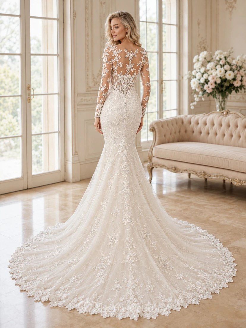Robe de mariée sirène en dentelle féminine, décolleté en V profond, manches longues, traîne chapelle, ornée d'appliqués floraux. view 2