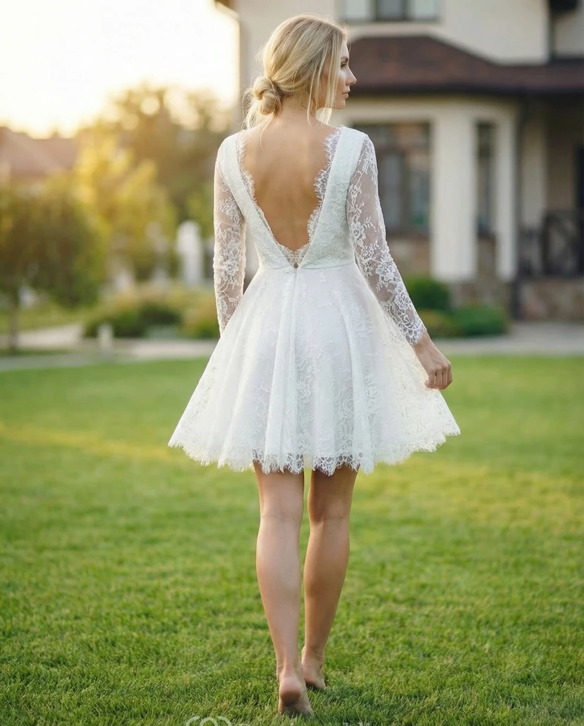 Long Sleeve Lace Short Wedding Gown view 2