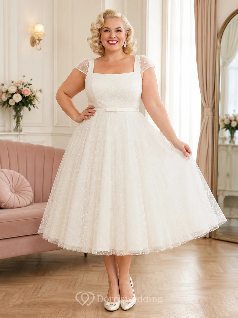 Vestido de novia romántico y elegante de tul con tirantes cuadrados y largo hasta la rodilla, talla grande