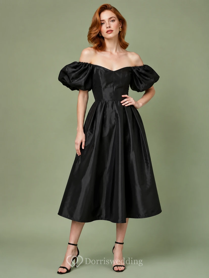 robe de cocktail trapèze en taffetas noir à épaules dénudées et manches bouffantes