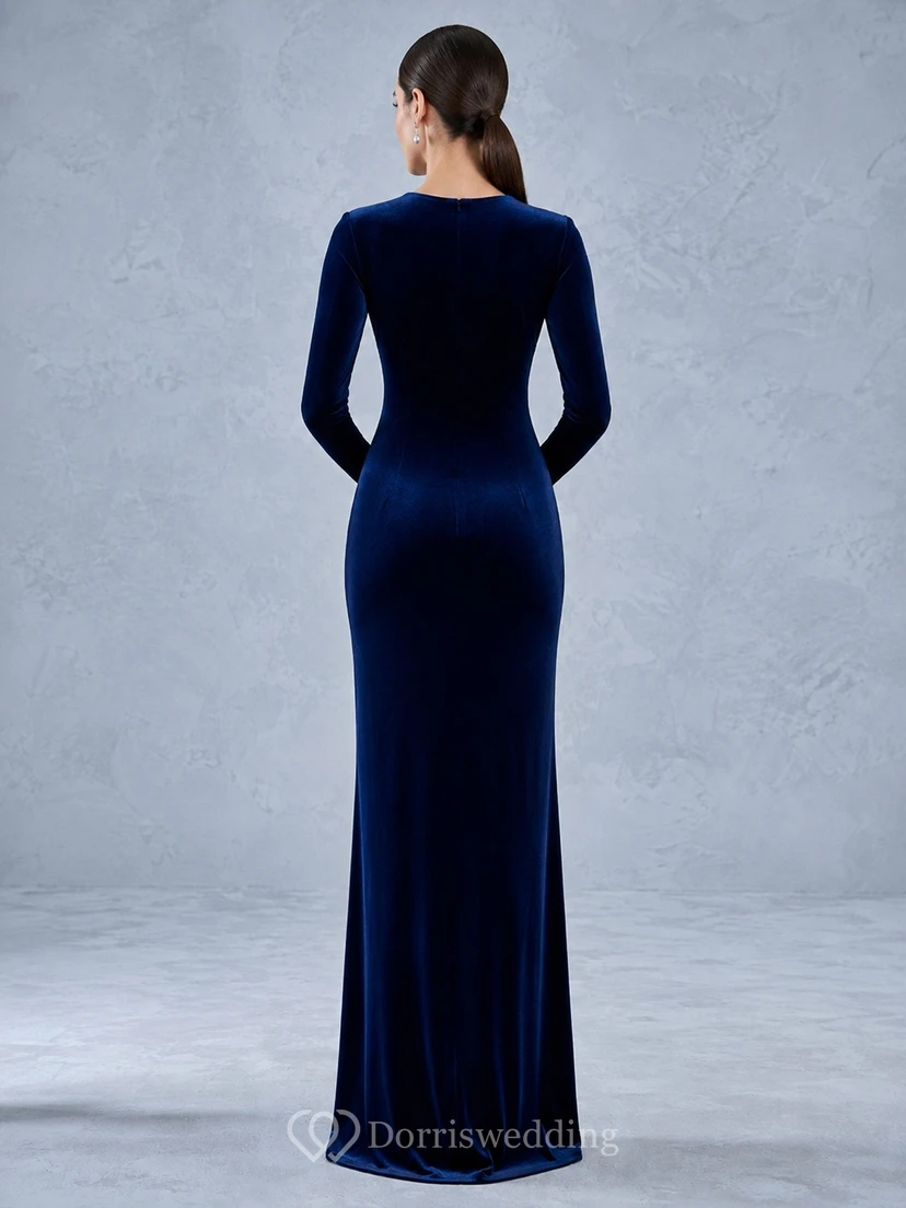 Modest Ink Navy Velvet Sheath Floor-Length High Neck Long Sleeve Evening Dress view 2