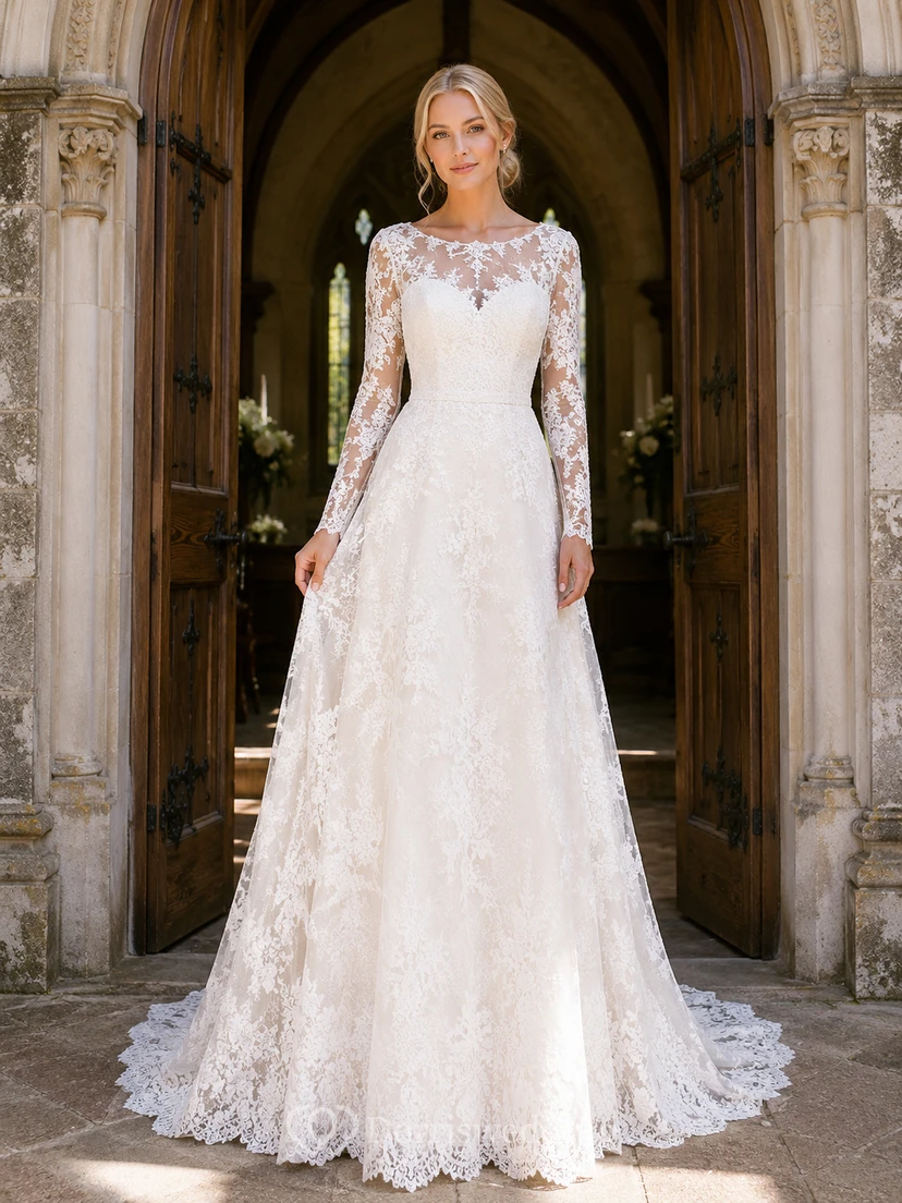 Classic Illusion Lace Long Sleeve A Line Cathedral Train Wedding Dress