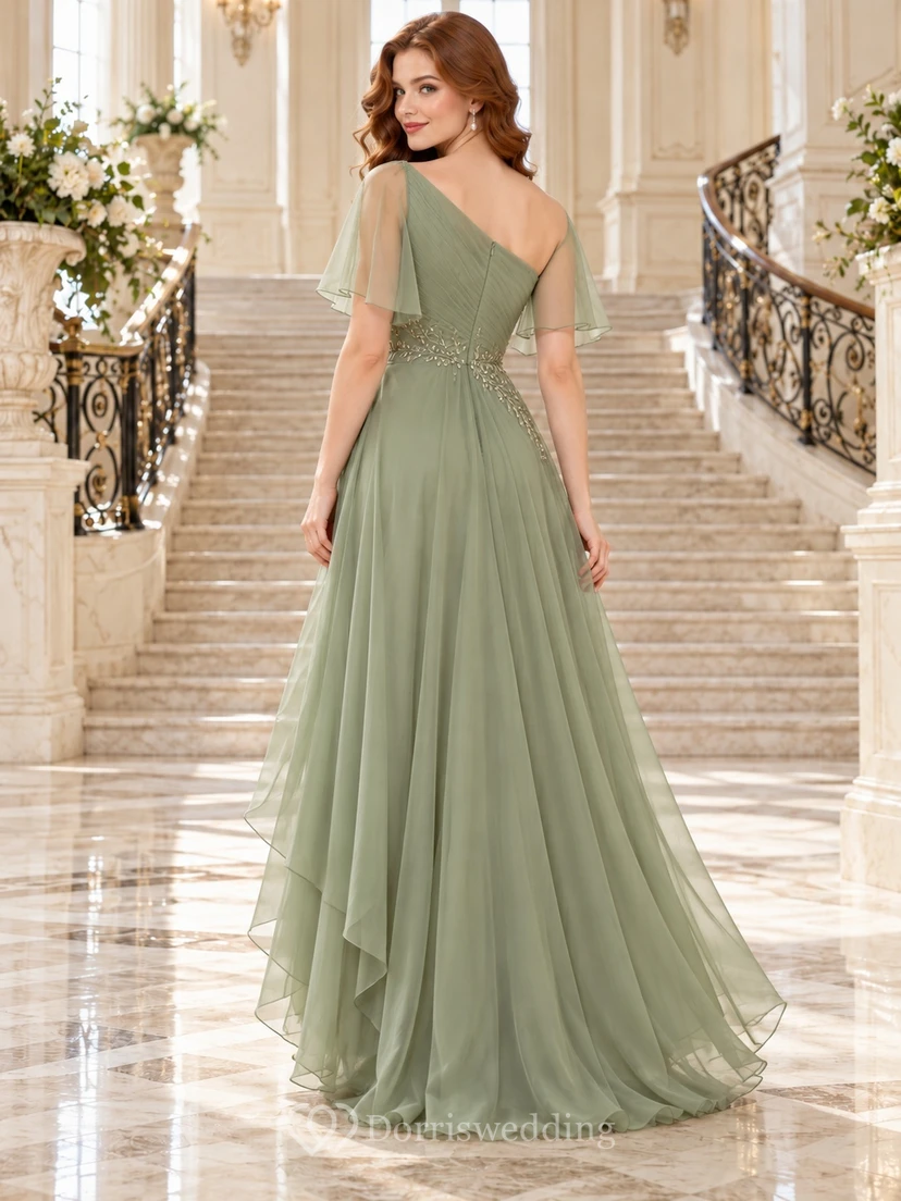 Sage High-low One-Shoulder Flutter Sleeve Chiffon Formal Evening Dress view 2