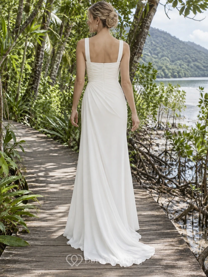 Schlichtes, ärmelloses, bodenlanges Brautkleid mit eckigem Ausschnitt und natürlicher Taille view 2