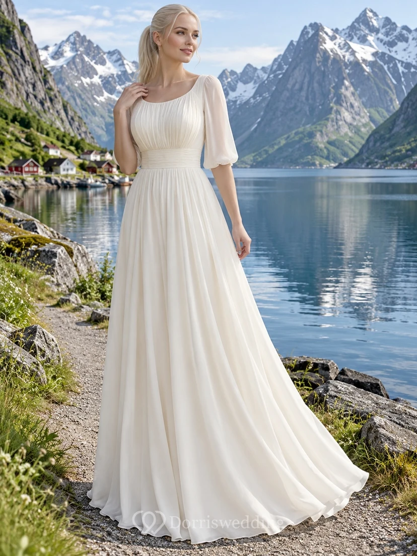 A-Linien-Brautkleid aus Georgette mit U-Boot-Ausschnitt, gerafftem Oberteil und Puffärmeln bis zum Ellbogen