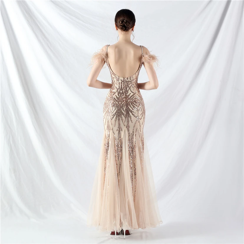 9-farbiges, handgefertigtes Abendkleid aus Kamelfedern, Netzstoff und Pailletten, sexy Trägern view 26
