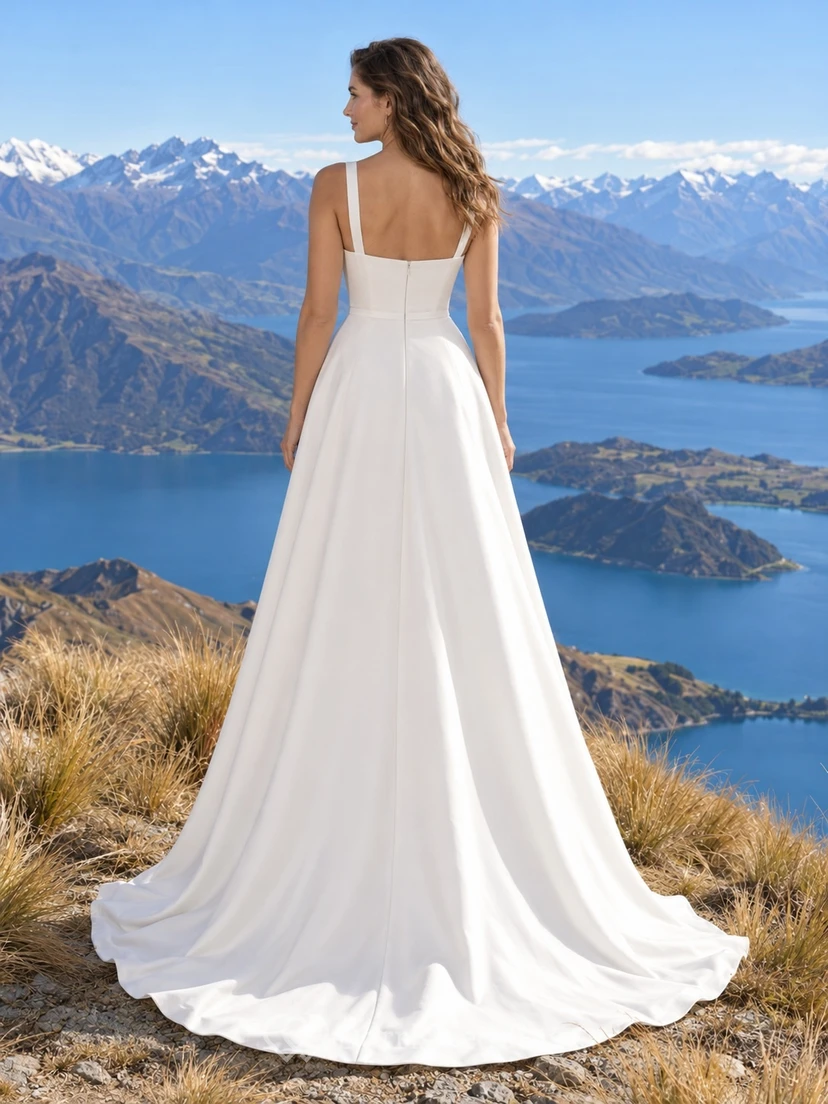 Einfaches Brautkleid aus Satin mit eckigem Ausschnitt, Spaghettiträgern, A-Linie und Schleppe sowie Schleppe view 2