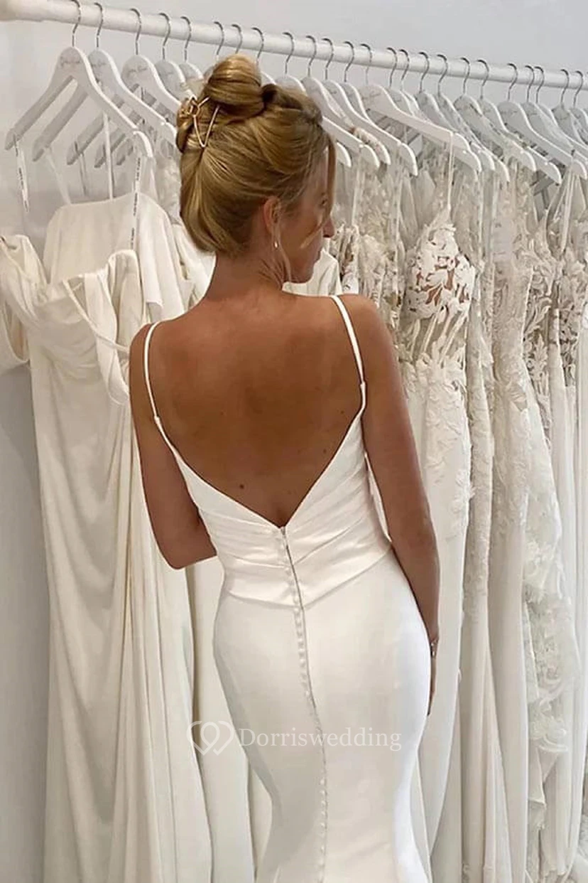 Spaghetti Satin Ruched Mermaid Wedding Dress with Court Train view 3