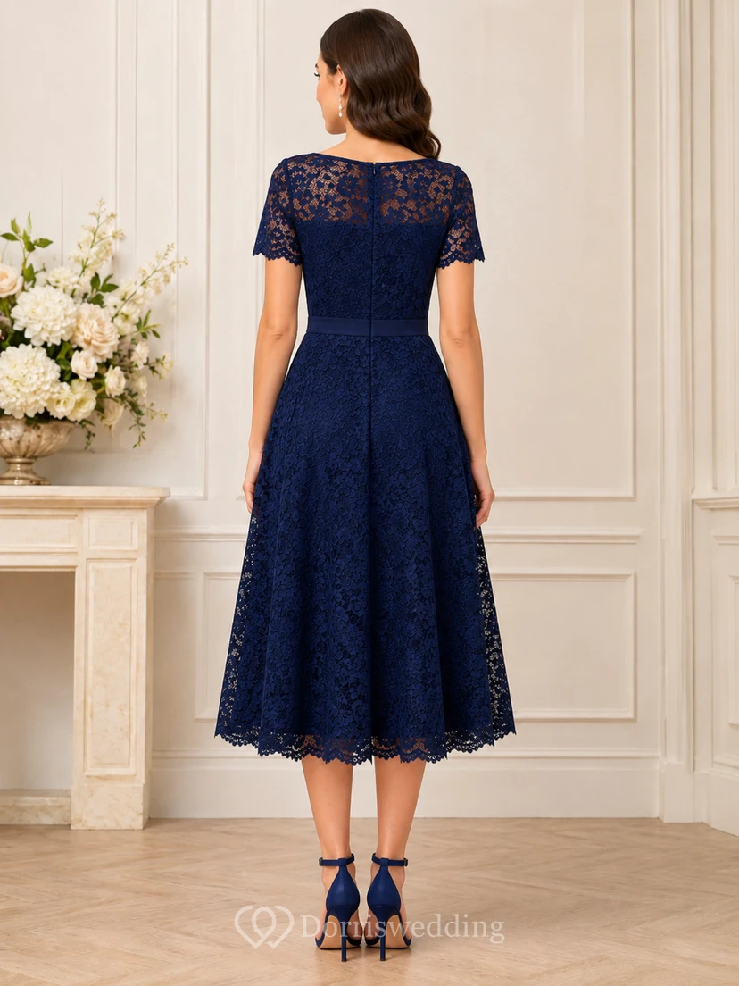 A-Line Tea-Length Bateau Short Sleeve Lace Wedding Guest Dress with Lace view 2
