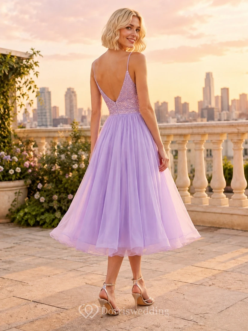 Lilac Tulle Sweetheart Pleated Sleeveless Tea-Length Party Dress view 2