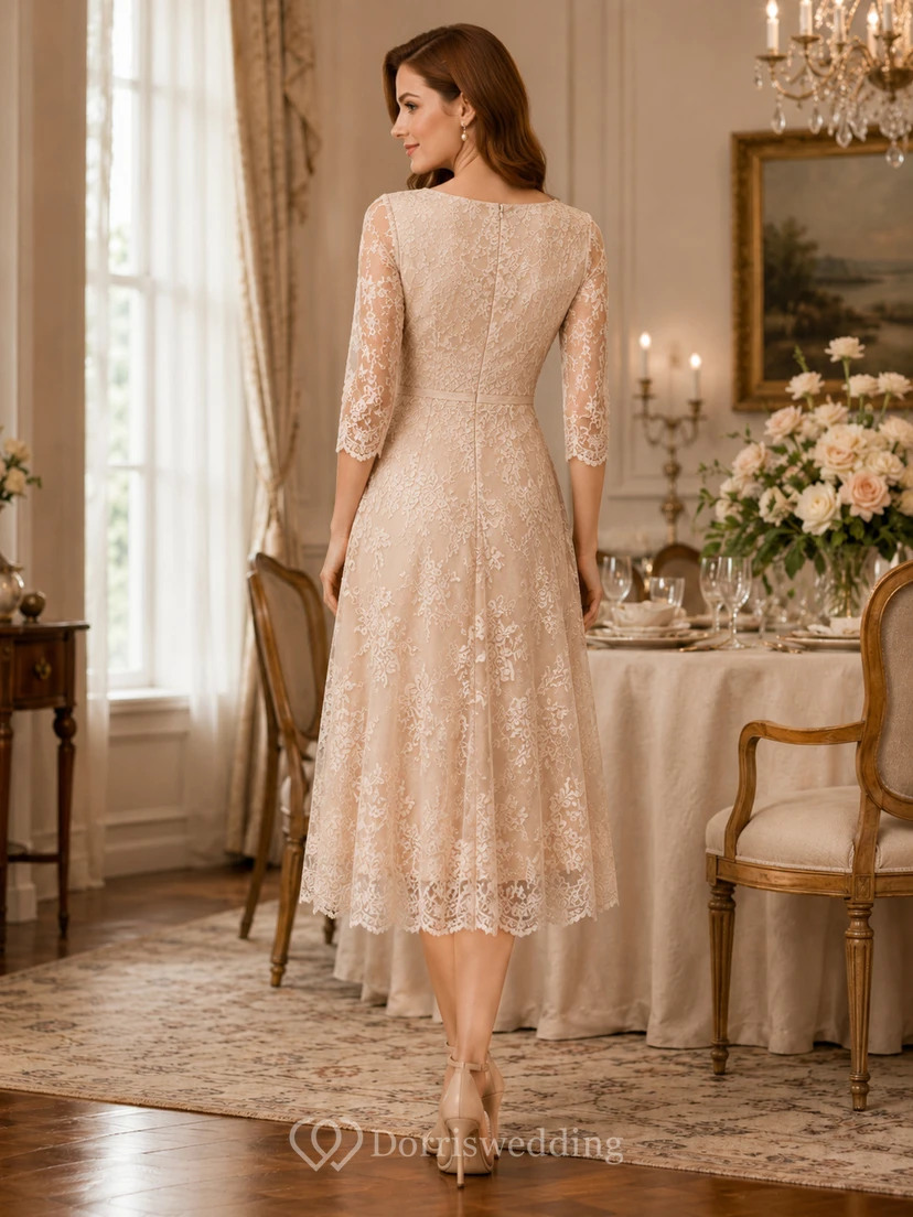 Champagne Lace Three Quarter Sleeve A Line Family Ceremony Dress view 2