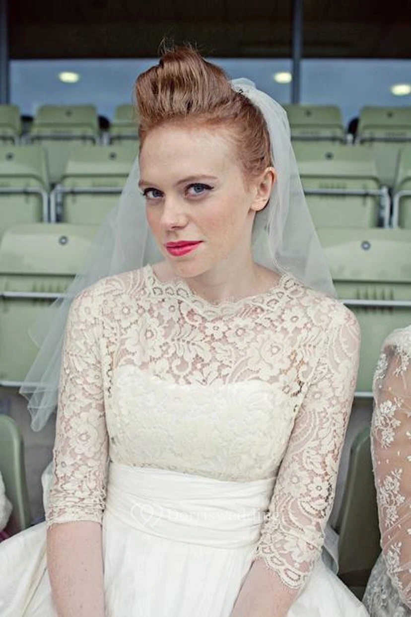 Brautkleid aus Taft mit Illusion-Halbärmeln, hohem Kragen, A-Linie, Teelänge und hohem Kragen view 3
