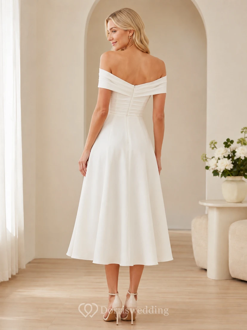 Outdoor Ivory A-Line Tea-length Off-the-shoulder Short Sleeve Chiffon Vintage Romantic Cocktail Guest Garden Dress view 2