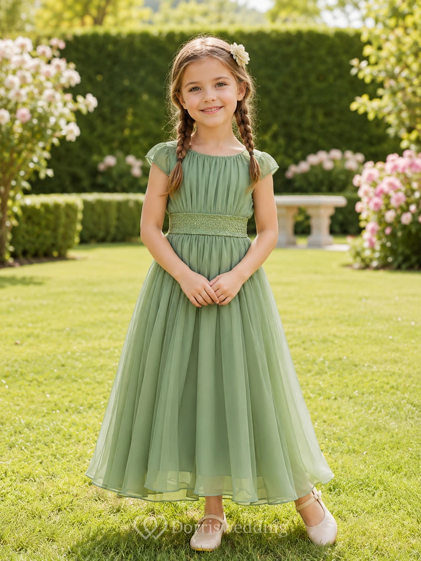 Blumenmädchenkleid aus salbeifarbenem Chiffon, A-Linie, kurze Ärmel, Rundhalsausschnitt, Teelänge, Schärpendetails