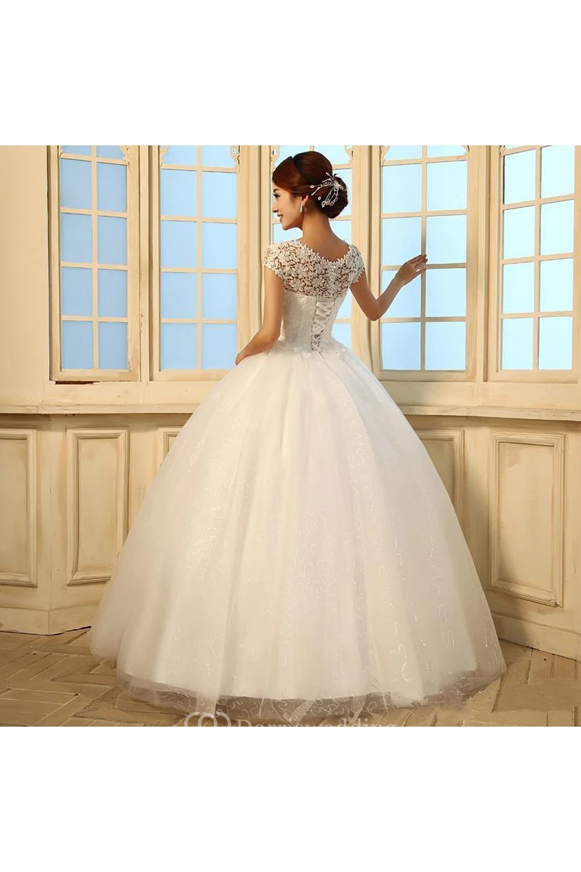 Gorgeous Cap Sleeve Lace Ball Gown Tulle Wedding Dresses Lace-up view 3