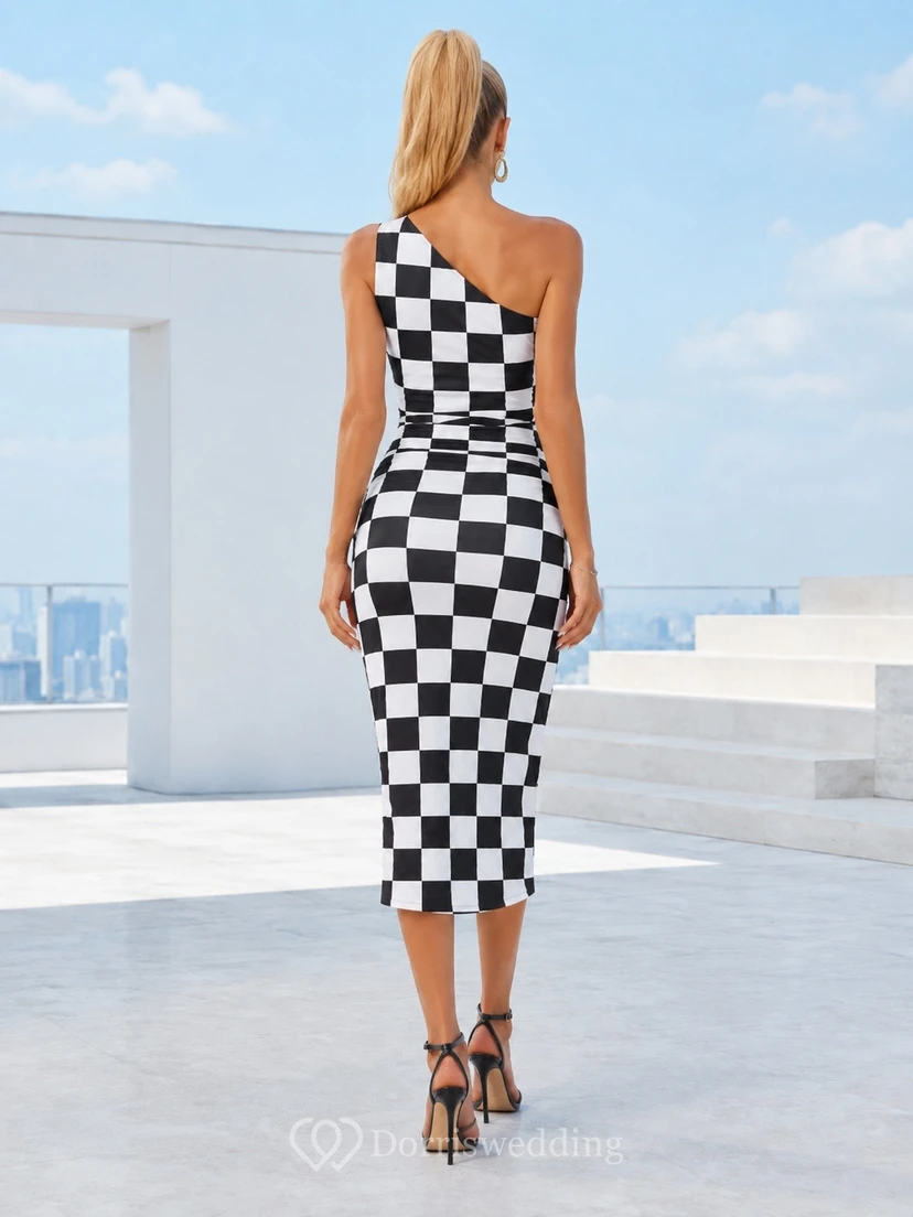 Checkerboard One-Shoulder Sleeveless Bodycon Tea-Length Modern Evening Dress view 2