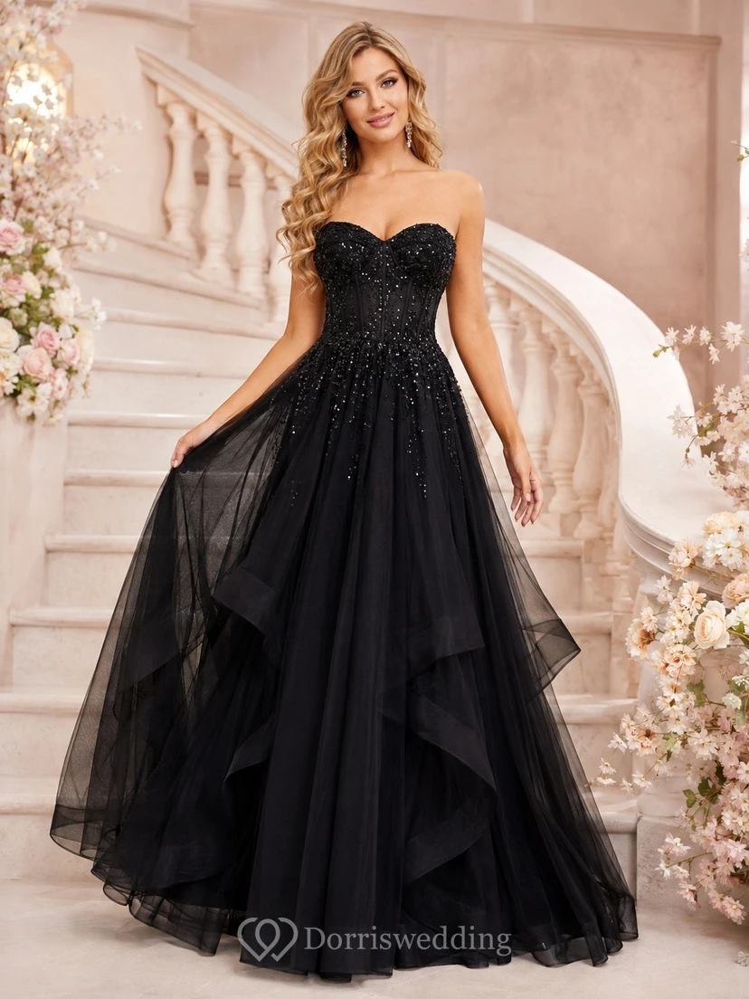 Black Ball Gown Tulle Tiered Prom Elegant Dress