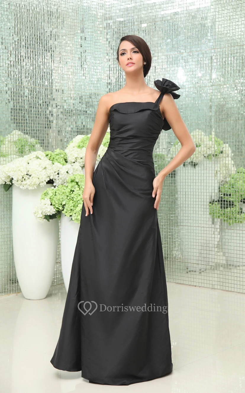One-Shoulder Taffeta A-Line Gown Floral Shoulder Detail view 2