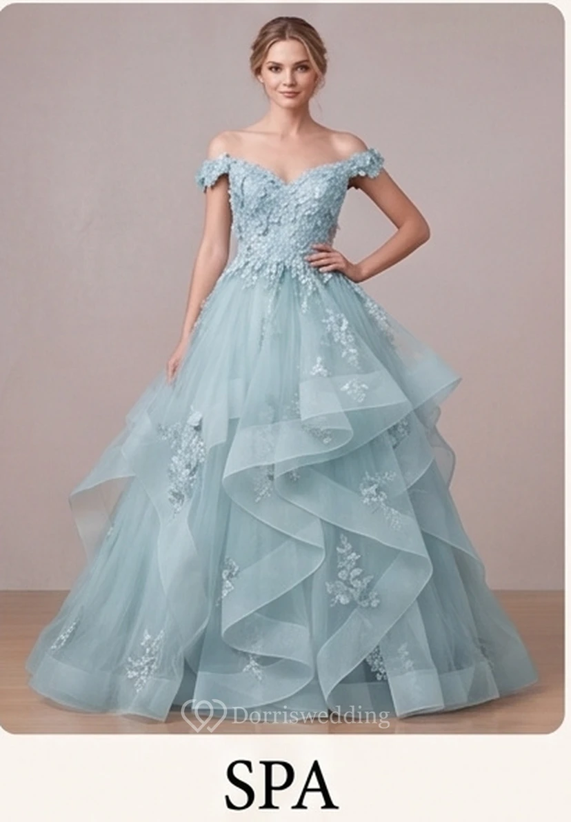 Robe de bal brodée bleu clair à épaules dénudées view 13