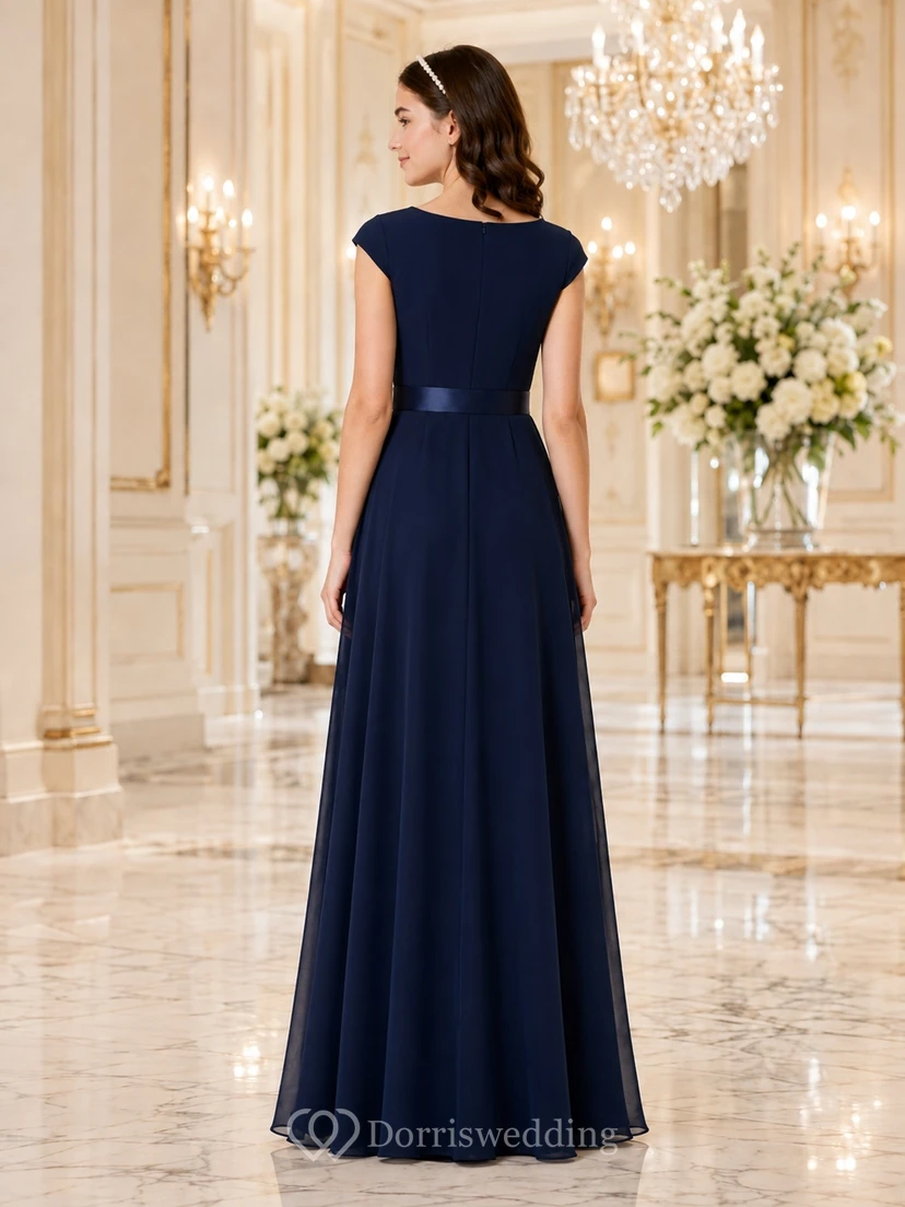 Dark Navy Junior Bridesmaid Dress A-Line Bateau Short Cap Sleeve Pleated Detail Elegant view 2