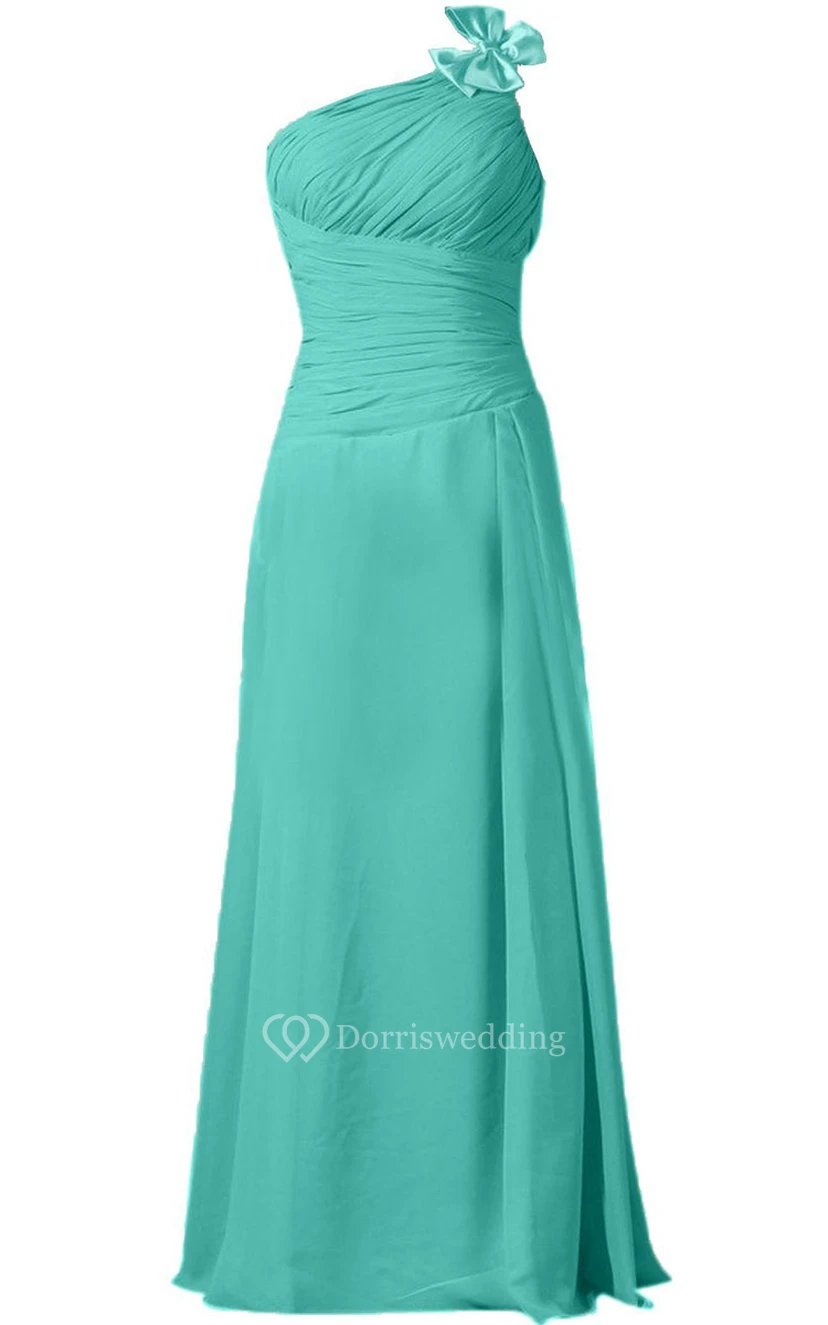 One-shoulder Ruched Chiffon A-line Gown With Bow view 2