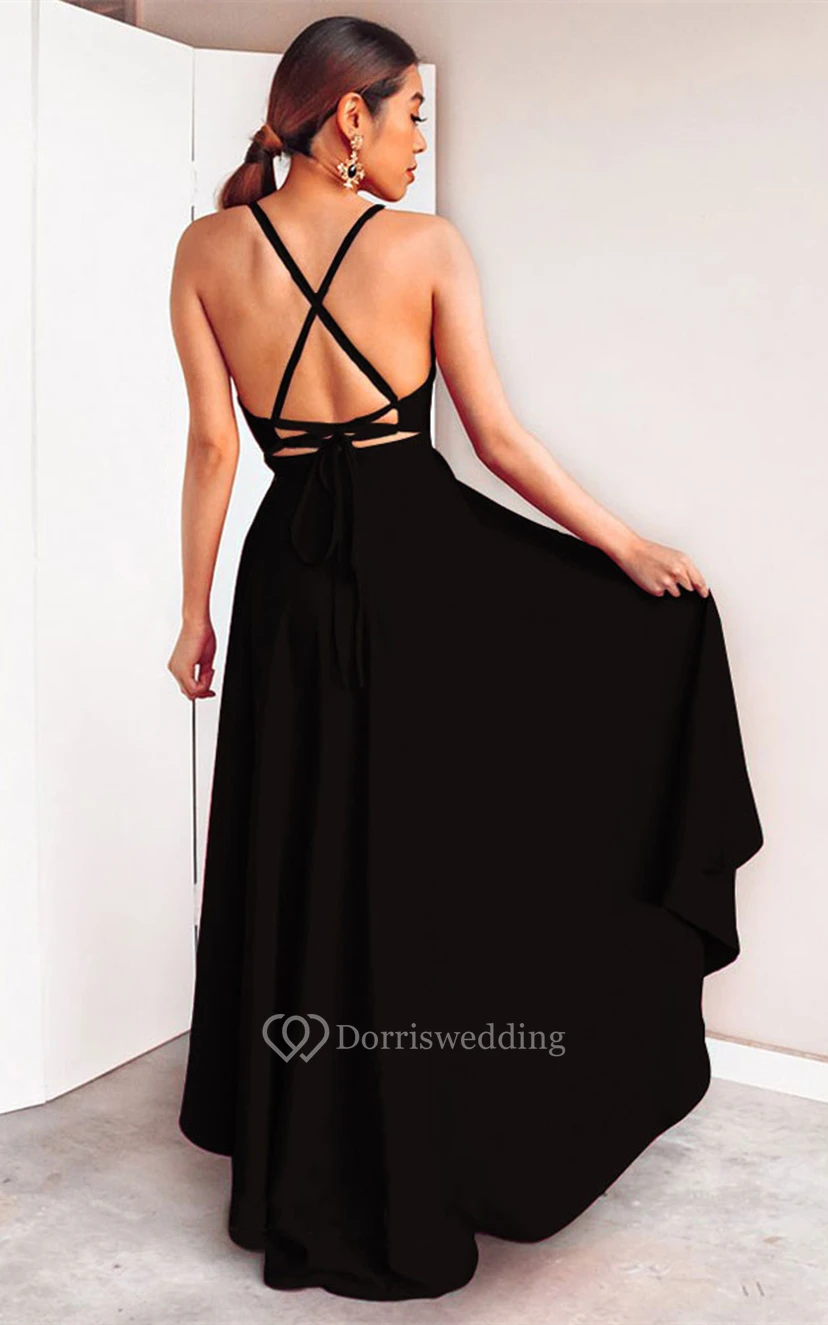 High-Low Sexy A Line Plunging Neck Evening Dress view 5