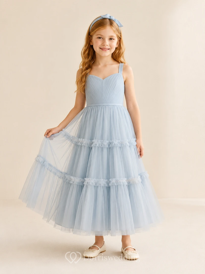 Blue Tiered Tulle A-Line Flower Girl Dress with Tea-Length Skirt and Tiered Skirt