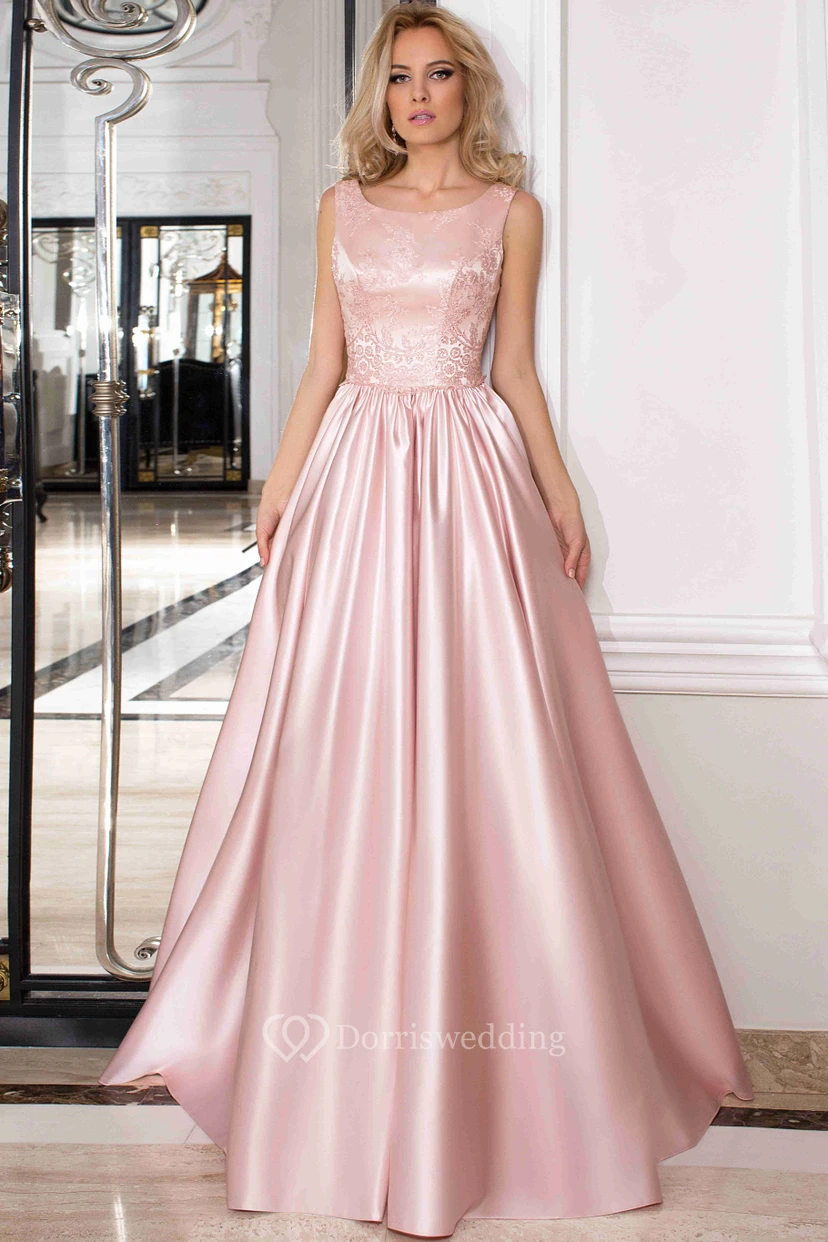 A-Line Floor-Length Bateau Sleeveless Satin Embroidery Low-V Back Dress