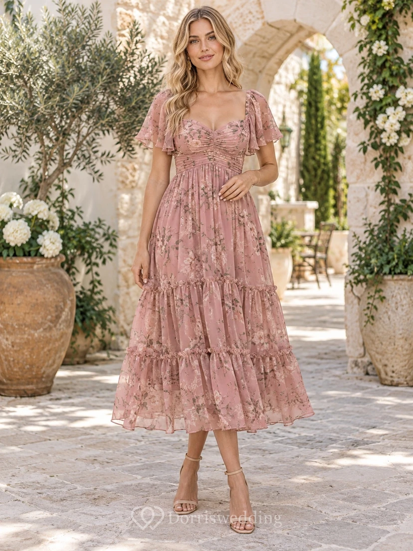 Robe bohème rose mi-longue à fleurs, manches papillon en mousseline à volants et décolleté cœur