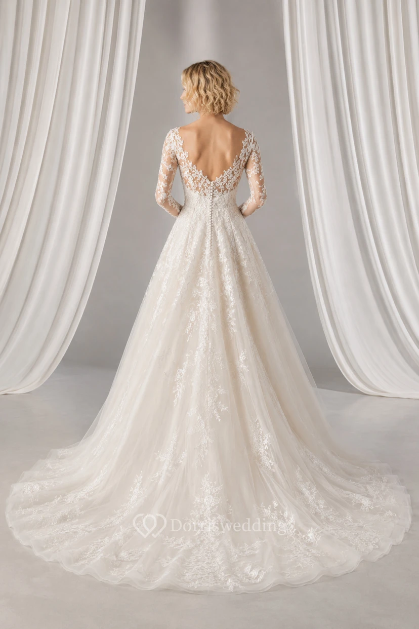 Hochzeitskleid in A-Linie aus Spitze mit langen Ärmeln und Kapellenschleppe view 2