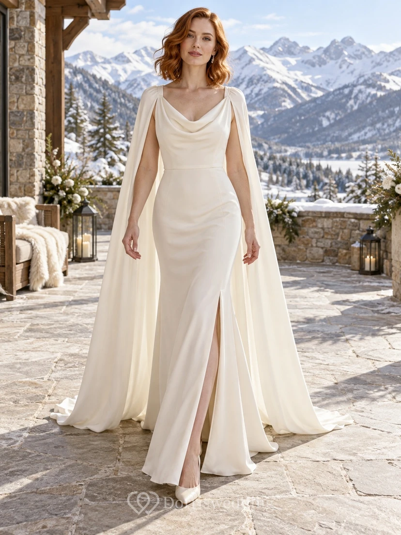Vestido de invierno tipo capa con escote drapeado y abertura, de gasa.
