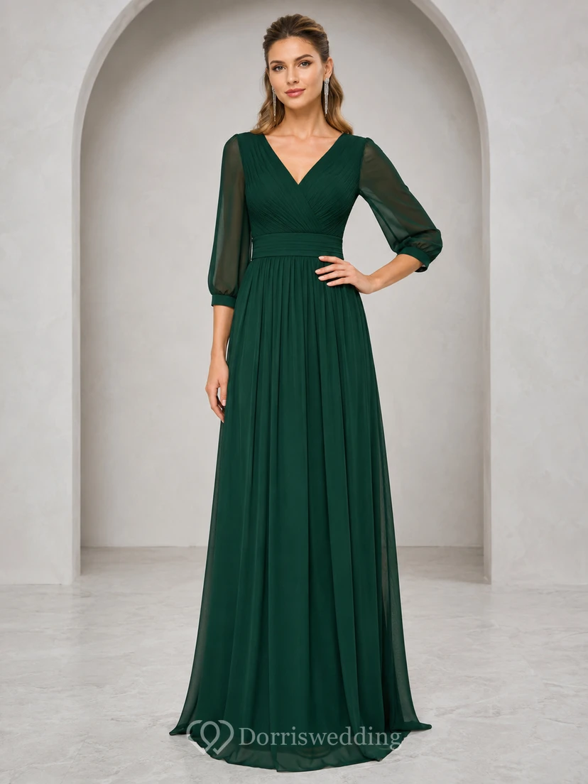 Vestido de invitada largo hasta el suelo, de corte A, color verde oscuro, con escote en V, mangas tres cuartos, pliegues de gasa, escote bajo en V, cremallera en la espalda y color verde oscuro.