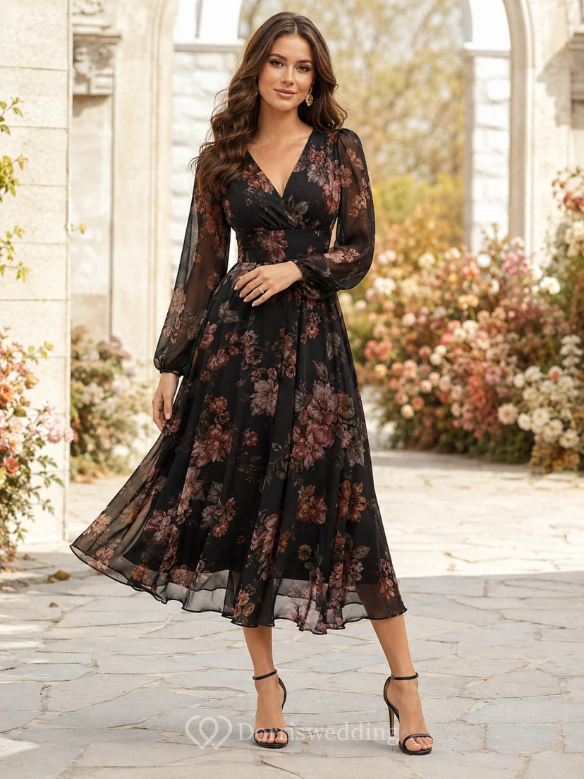 Robe midi trapèze en mousseline à manches longues et col en V, imprimé floral foncé