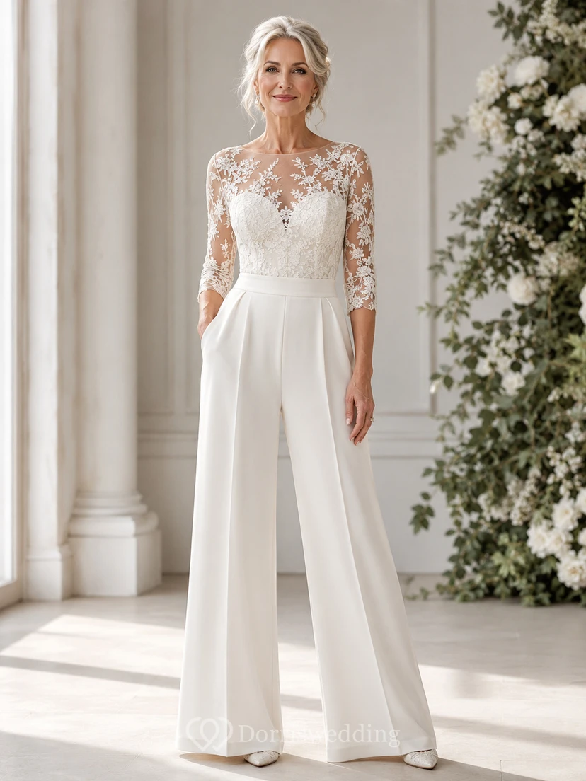 Lace Illusion Sleeve Bridal Jumpsuit with Wide Leg Pants