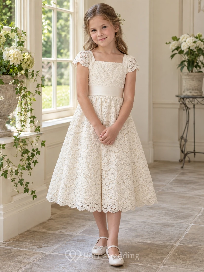 Square Neck Boho Tea-length Ivory Cap Sleeve Scalloped Lace Flower Girl Dress